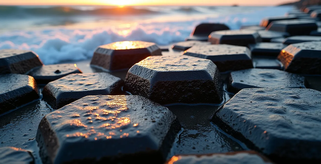 Formation géologique de colonnes basaltiques hexagonales au bord de mer