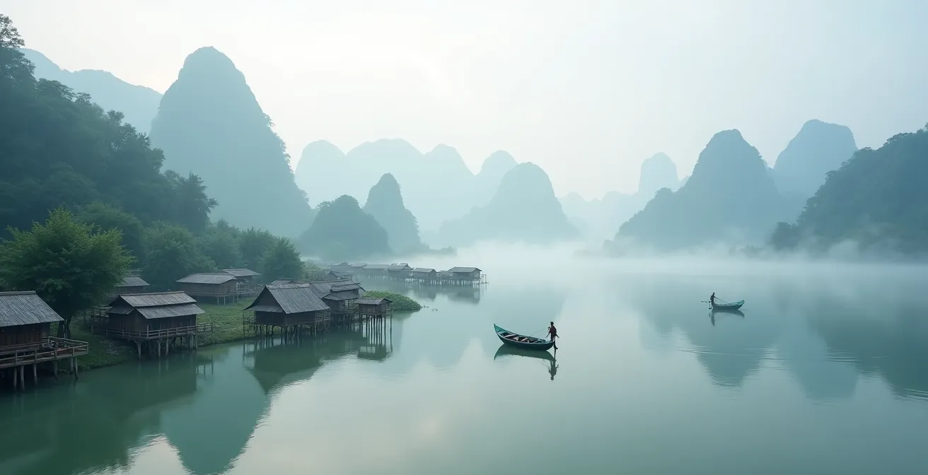 Vue aérienne du lac Ba Be entouré de montagnes karstiques dans la brume du matin