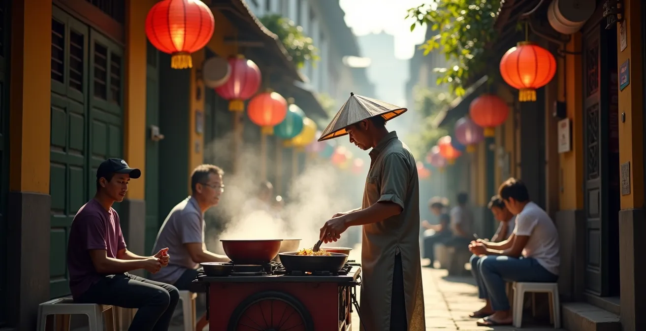 Ruelle étroite animée de Saigon avec vendeurs de rue et lanternes colorées